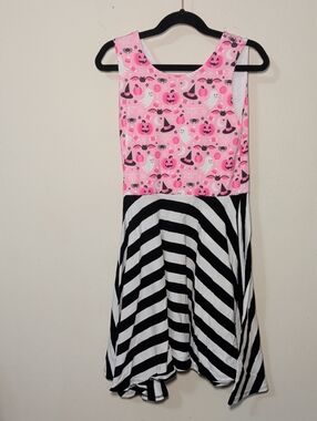 Malia + Kai Ghosts + Jack O'Lanterns Dress Pink Black White Stripe Girls Size 8